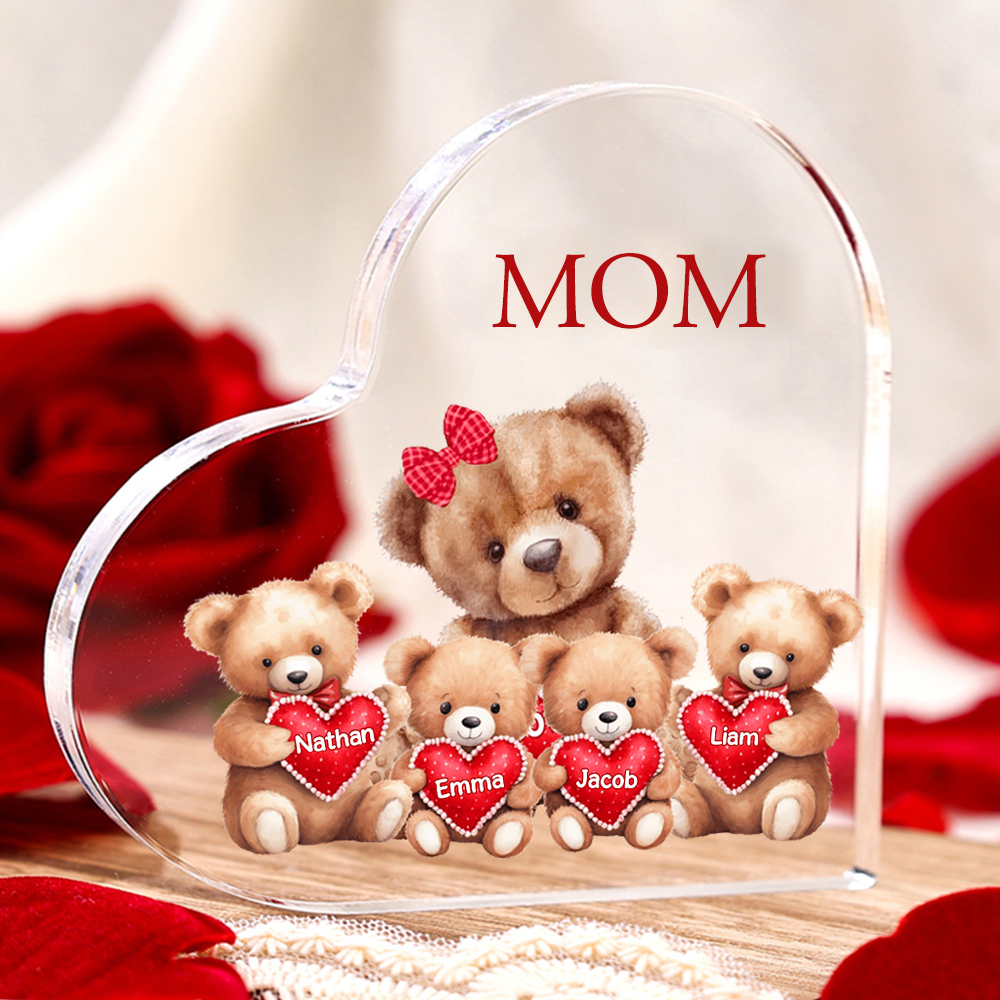 4 Names-Personalized Mom Acrylic Heart Keepsake Custom Text Love Teddy Bear Ornaments Gifts Set With Gift Box for Grandma/Mother