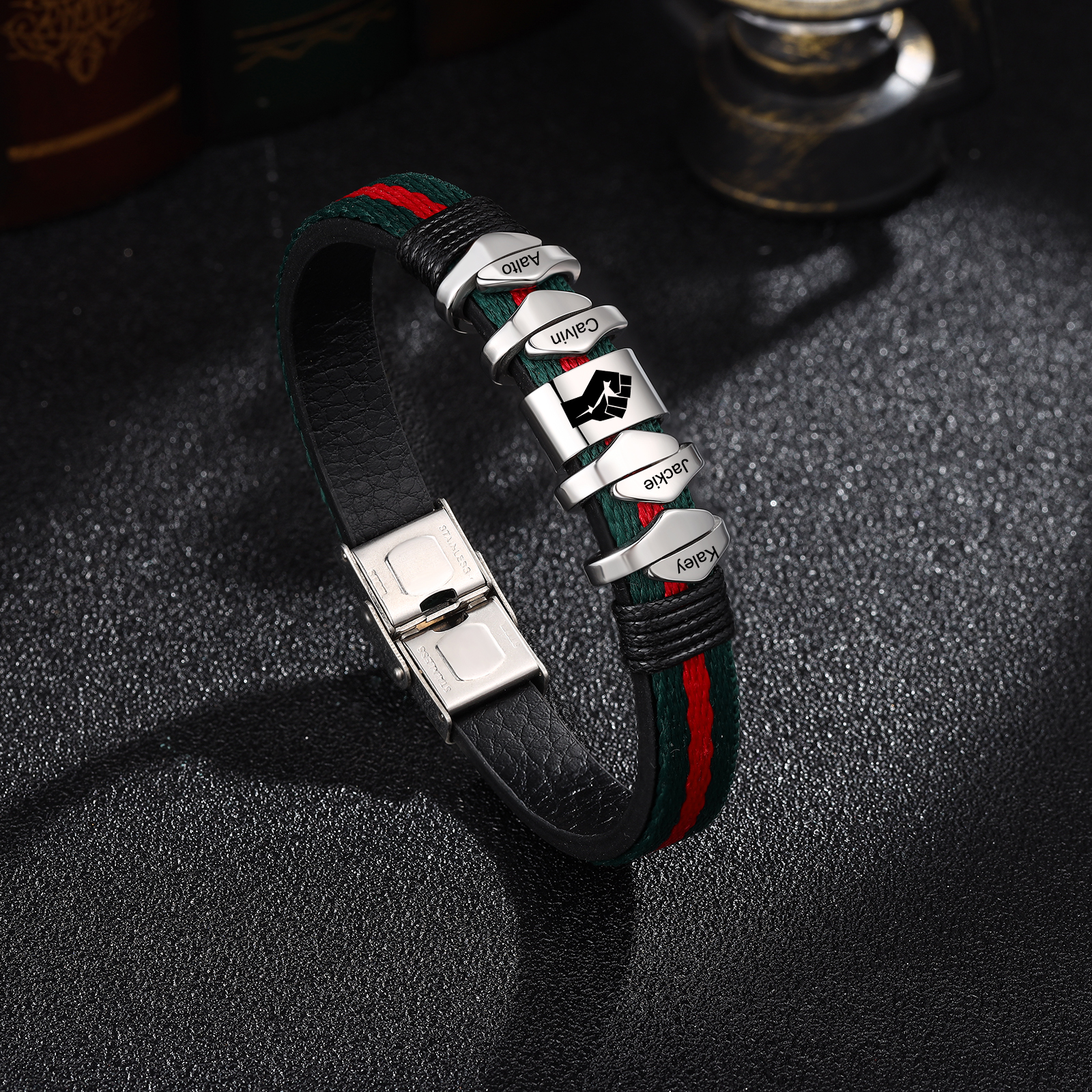 Personalized Leather Bracelet Custom 4 Names Mens Bracelet Silver and Gold