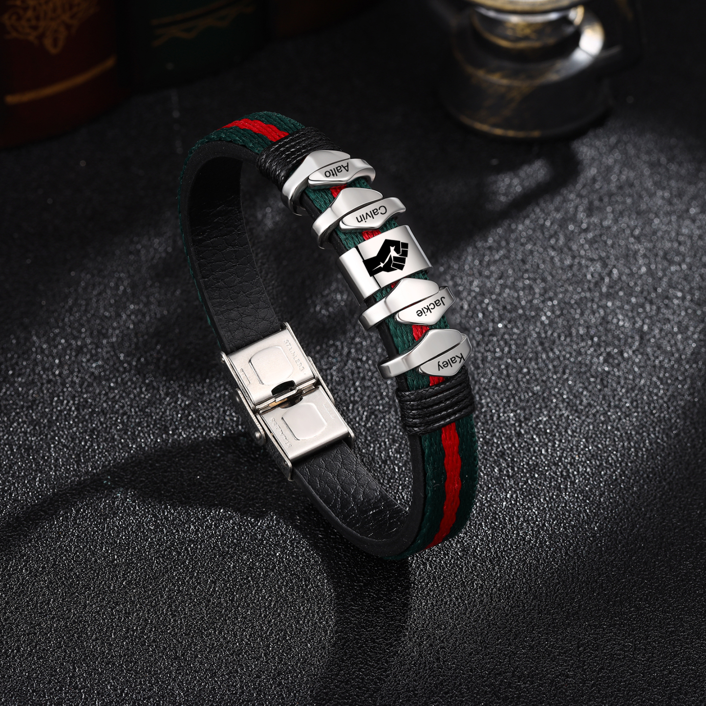 Personalized Leather Bracelet Custom 4 Names Mens Bracelet Silver and Gold