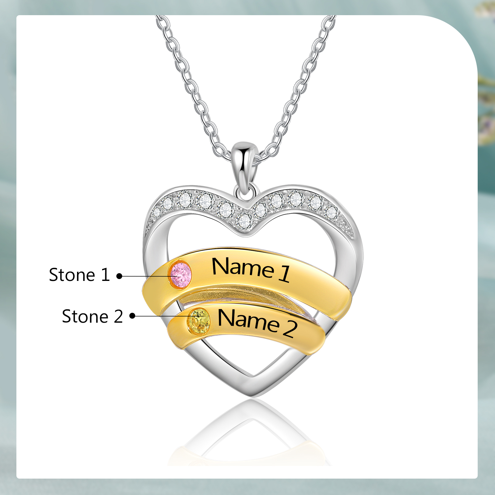 2 Names - Personalized Beautiful Heart Necklace with Custom Name and Birthstone, As a Mother's Day Gift for Mom