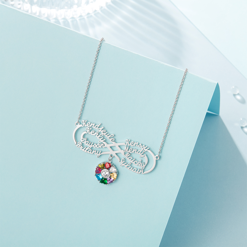 Personalized Infinity Necklace With 8 Birthstones Engraved Names Necklace Gift For Women