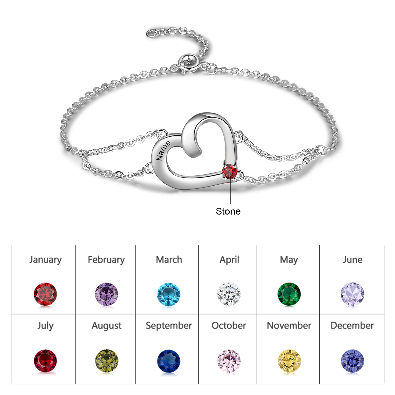 Personalized Heart Bracelet With 1 Birthstone Engraved Names Gift For Women