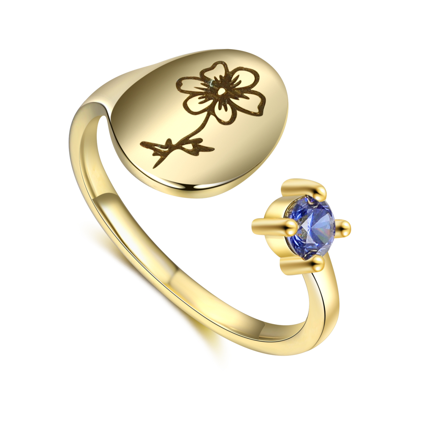 Personalized 1-12 Month Birth flower With Birthstone Open Rings For Women