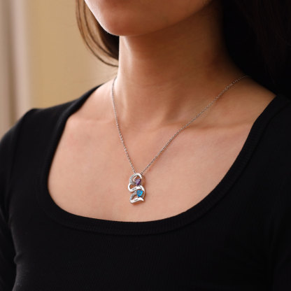 Personalised Heart Necklace with Custom 2 Names & 2 Birthstones – 925 Sterling Silver Double Heart Design – Valentine’s Day Gift for Her | Jessemade