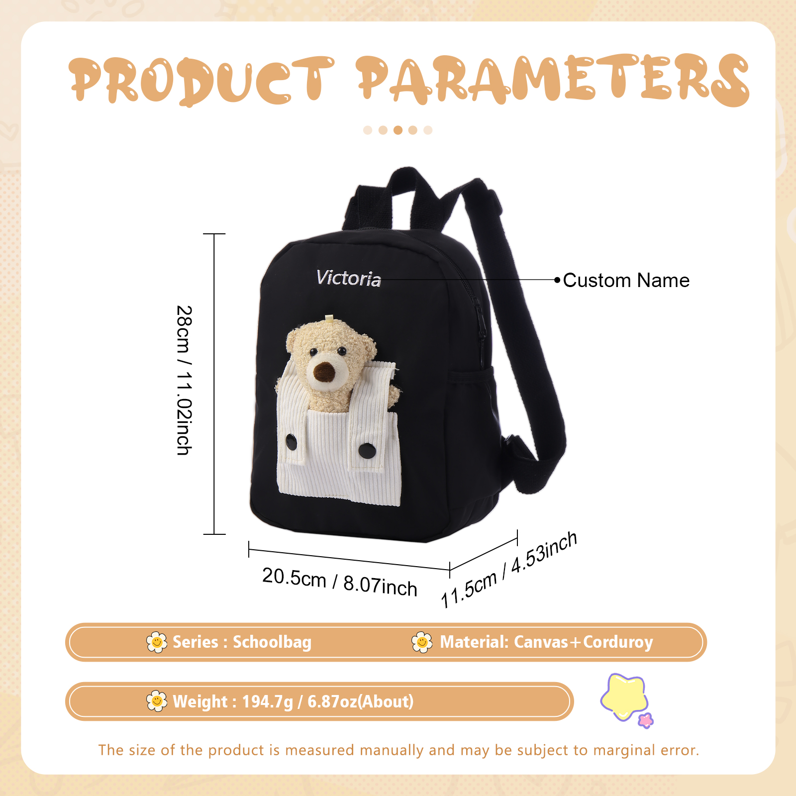 Personalized Bear Style School Bag Customized Name Canvas Kids Backpack Back to School Gift