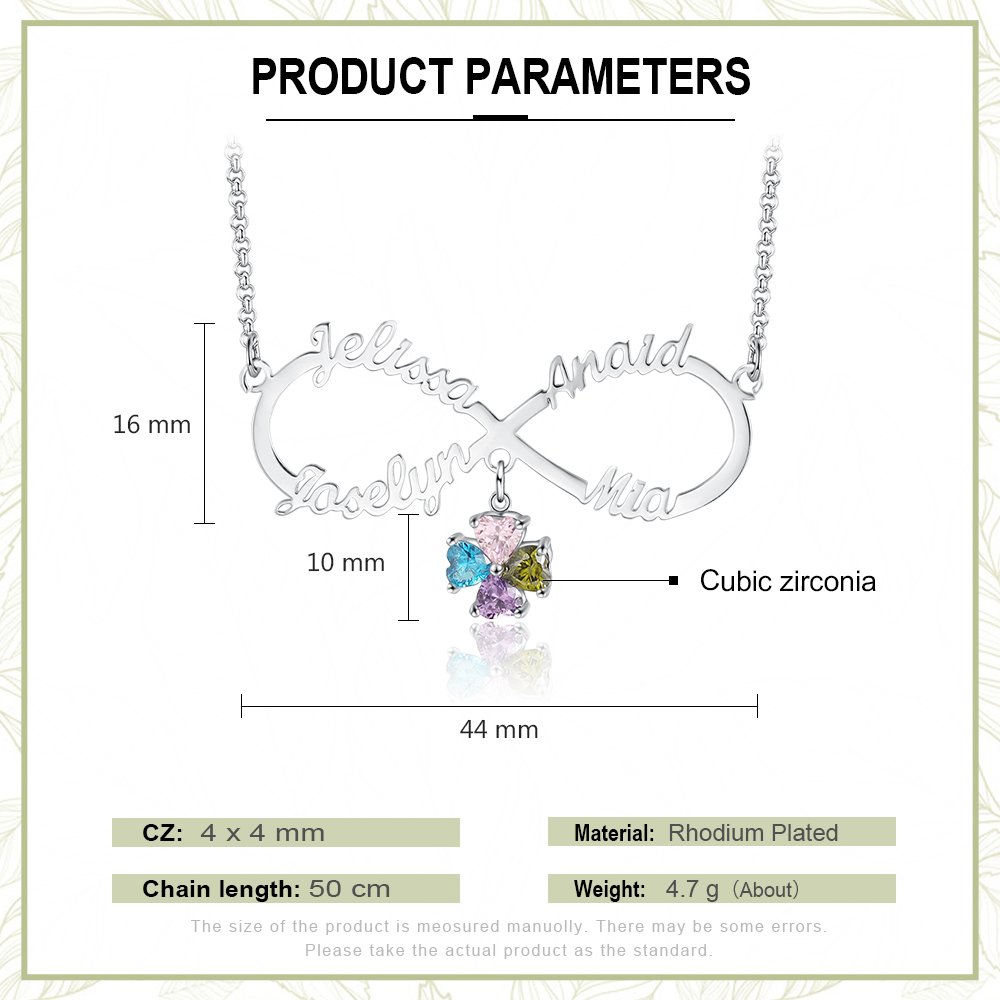 Personalized Infinity Necklace With 4 Birthstones Engraved Names Necklace Gift For Women