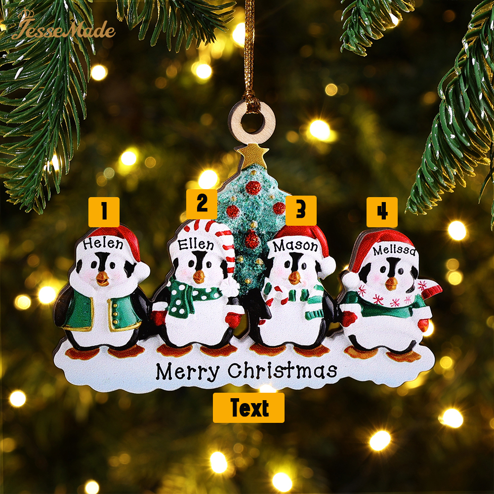 4 Names-Personalized Family Wooden Christmas Ornament-Custom 4 Names Hanging Ornament Gifts For Family-Winter Penguin Family