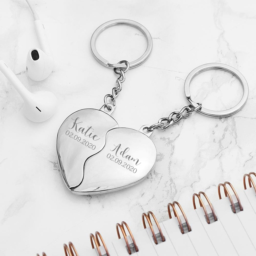2-Names Personalized Heart Puzzle Couple Keychain Engrave Names And Date Matching Couple Gifts, Special Gift For Him