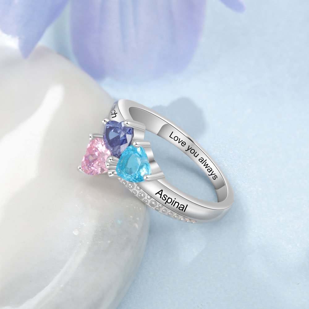 Personalized 3 Birthstones Mothers Ring With Names Gifts For Her