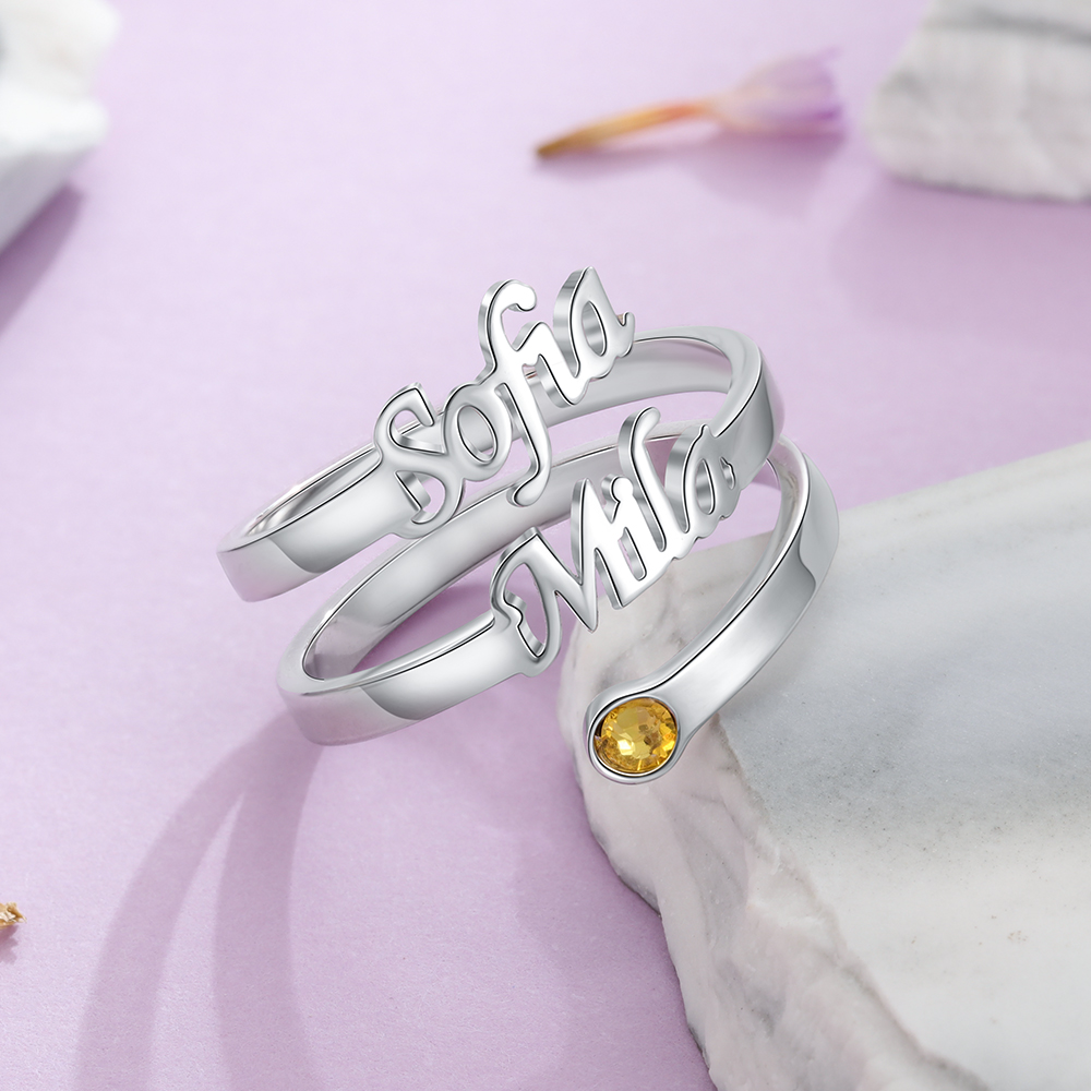 Personalized Birthstone Mother Ring Custom 2 Names Ring Gifts For Her