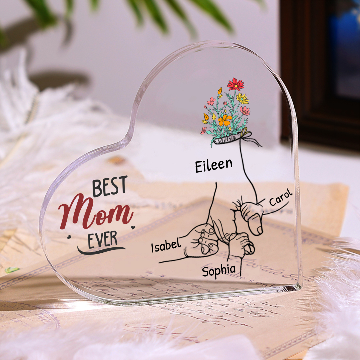 Personalized Heart Shaped Acrylic Plaque Family Tree Gift for Mom - with 1-12 names & 2 text & 2 colors