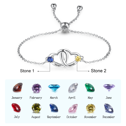 Personalized Heart Bracelet With 2 Birthstones Engraved Names Bracelet Gift For Women