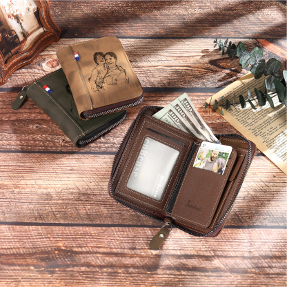 6 Names - Personalized Photo Text Custom Leather Men's Wallet Custom Name Zipper Wallet for Dad