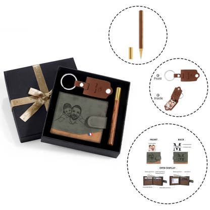 Photo Personalized Leather Wallet Gift Box Set with Keychain Customizable Letter Name Wallet Gift for Him