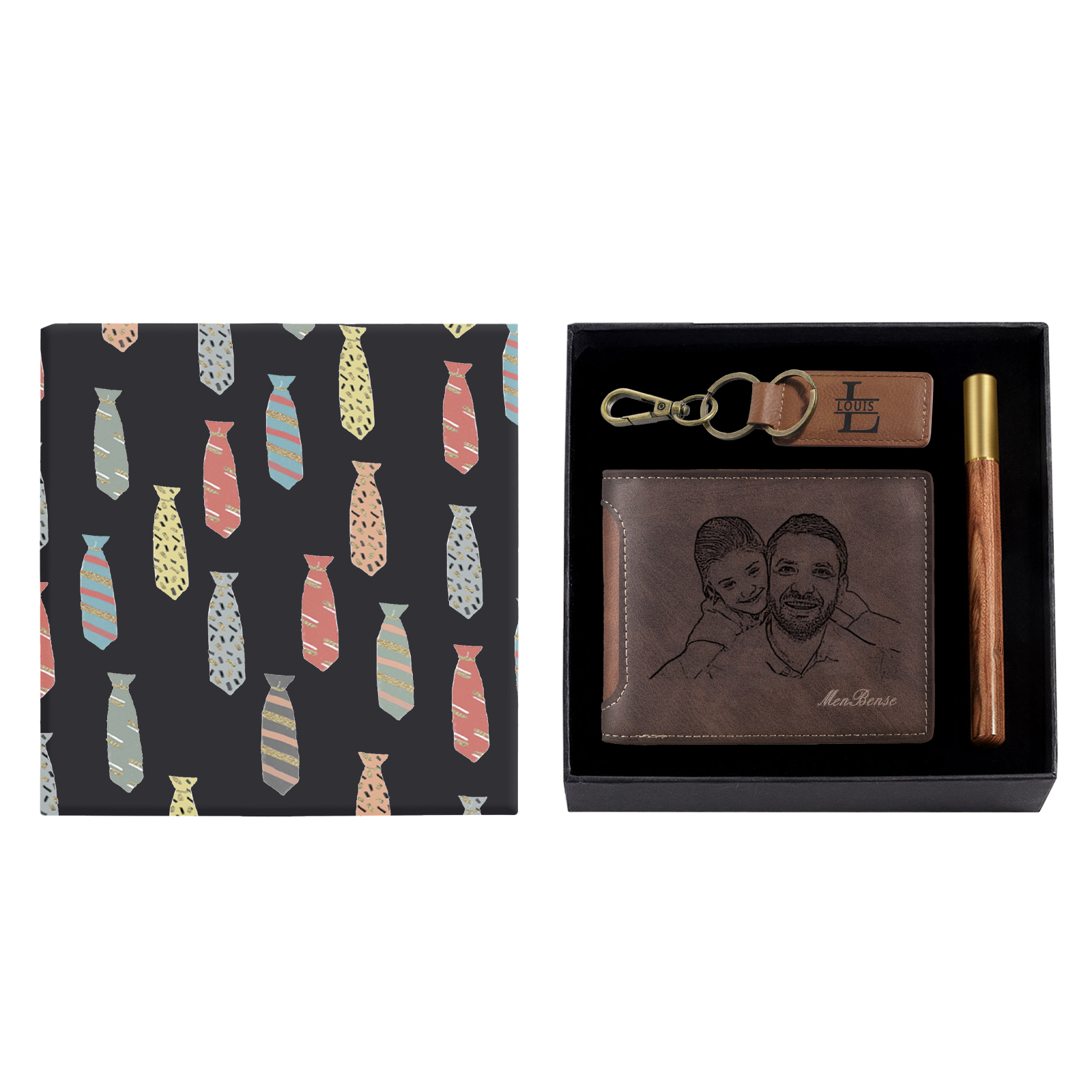 Personalized Leather Wallet Gift Box Set with Letter Name Keychain Customizable Photo and Text Wallet Gift for Him