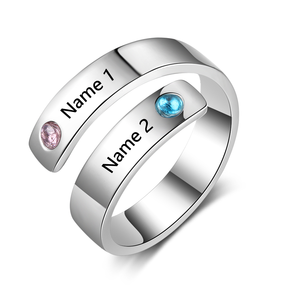 Personalized Ring With 2 Birthstones Engraved Names Ring Gift For Women