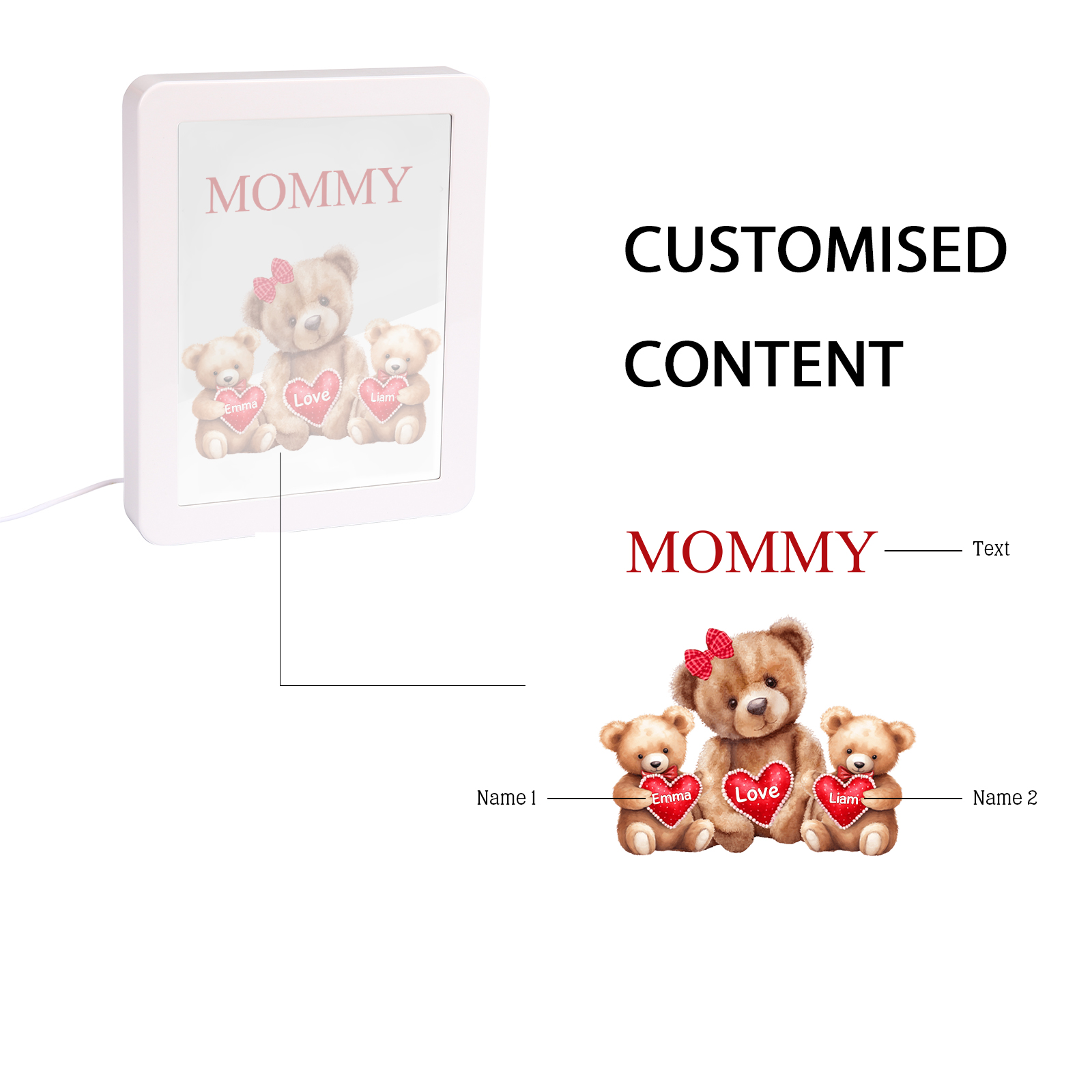 2 Names - Personalized Mum Home Bear Style Custom Text LED Night Light Gift for Mom