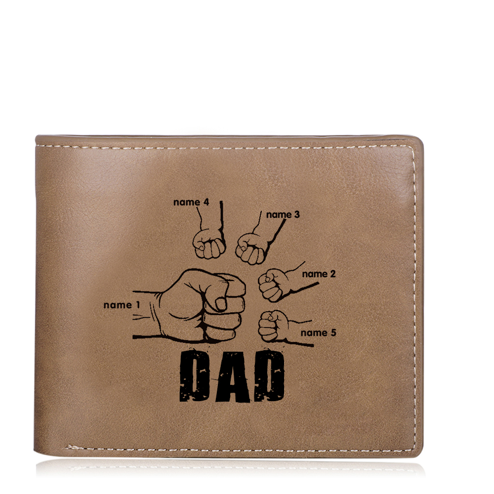 Personalized Leather Mens Wallet Engraved 5 Names Fist Bump Folding Wallet Father's Day Gifts