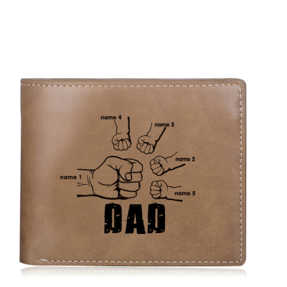 Personalized Leather Mens Wallet Engraved 5 Names Fist Bump Folding Wallet Father's Day Gifts
