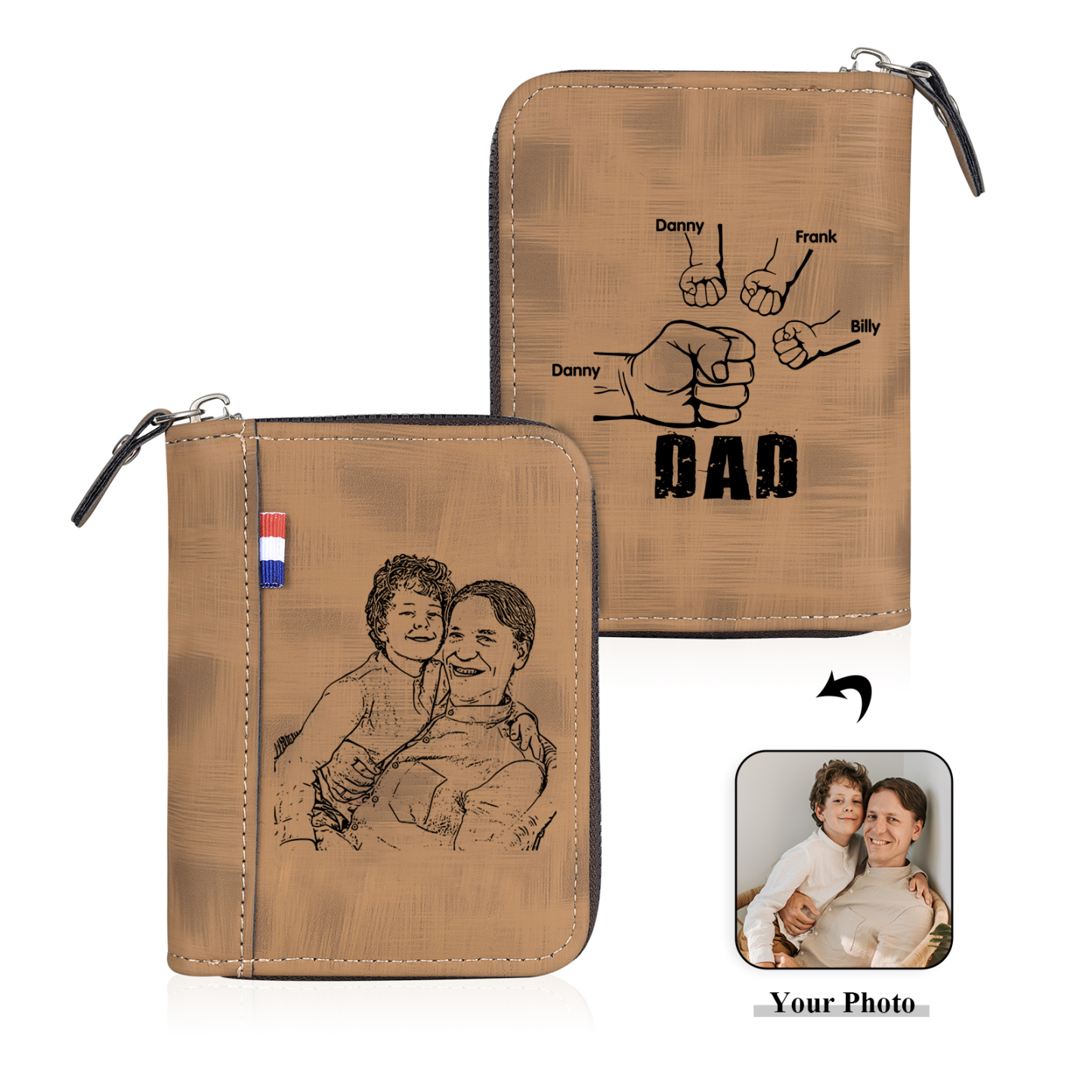 4 Names - Personalized Photo Text Custom Leather Men's Wallet Custom Name Zipper Wallet for Dad