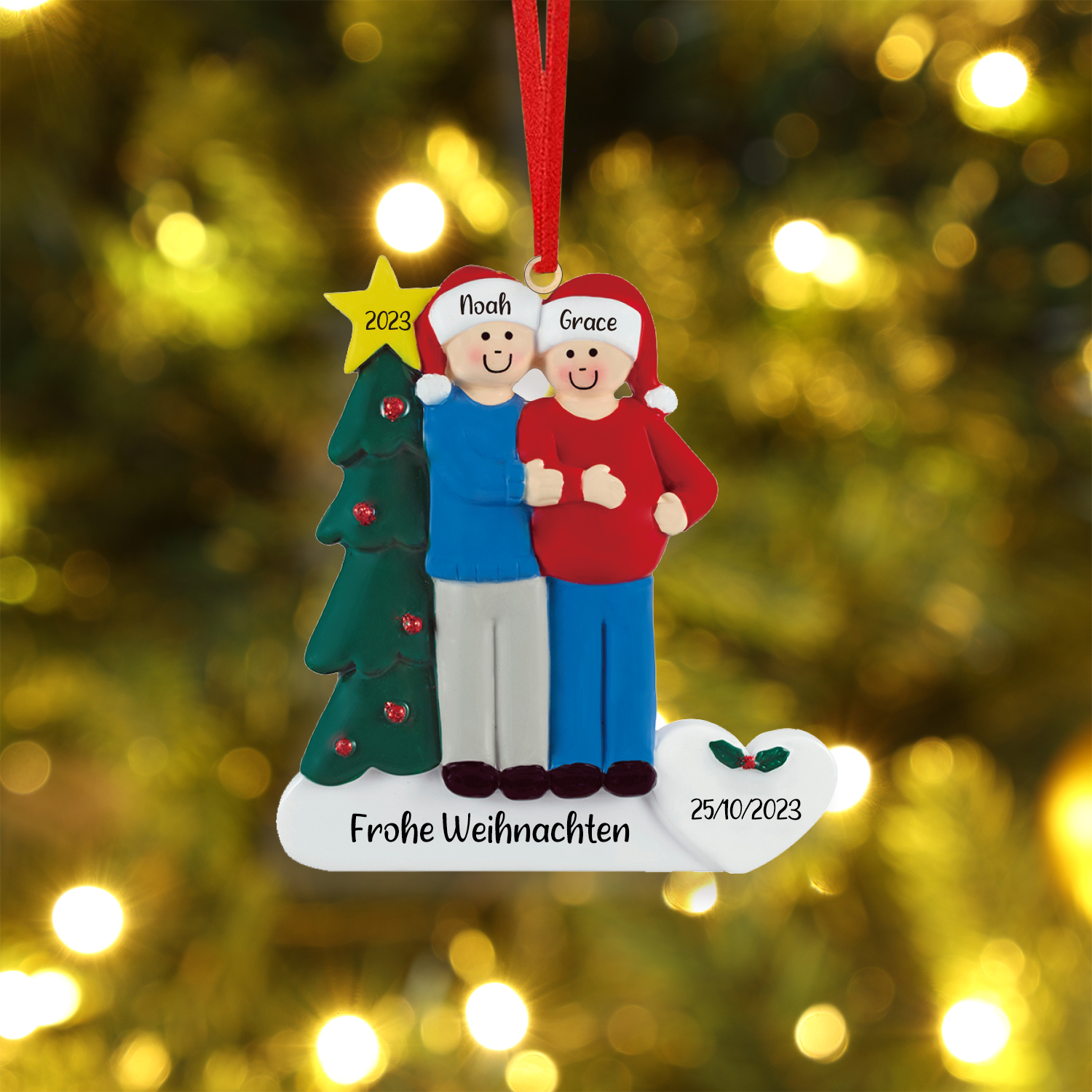 2 Names-Personalized Family Wooden Christmas Xmas Tree Decoration Ornament-Custom 2 Names And Dates Hanging Ornament Gifts For Family