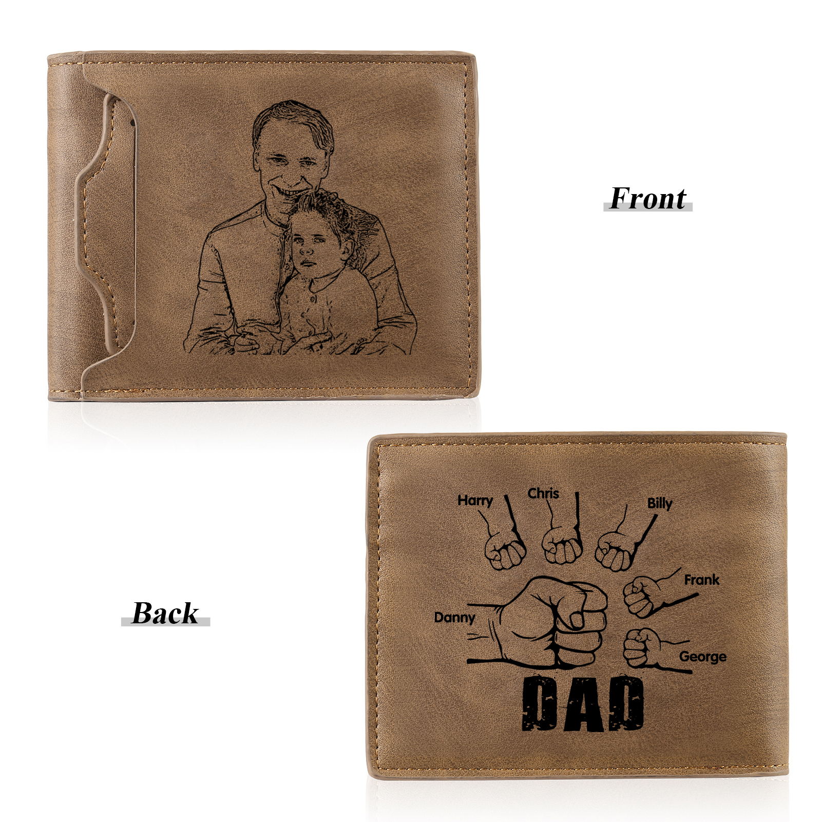 6 Names - Personalized Photo Custom Leather Men's Folding Wallet as a Father's Day Gift for Dad