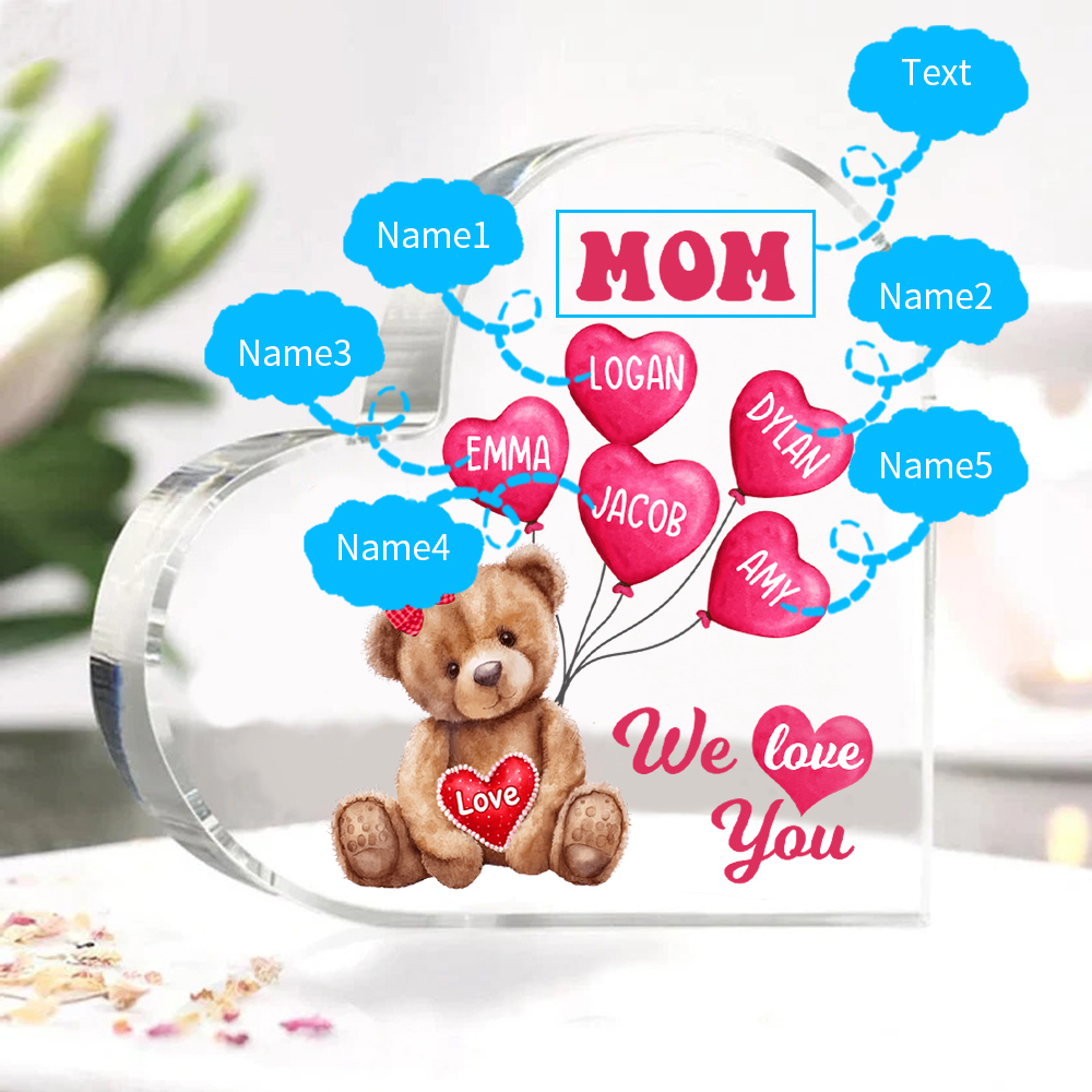 5 Names-Personalized Bear Acrylic Heart Keepsake Custom Text Acrylic Plaque Ornaments Gifts for Mom