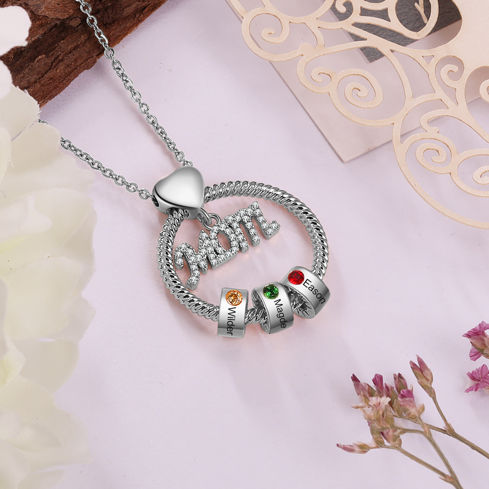 3 Names-Personalized Mom Necklace Set With  Premium Rotating Rose Flower Gift Box-Custom Necklace With 3 Birthstones Engraved Names Gift For Mother