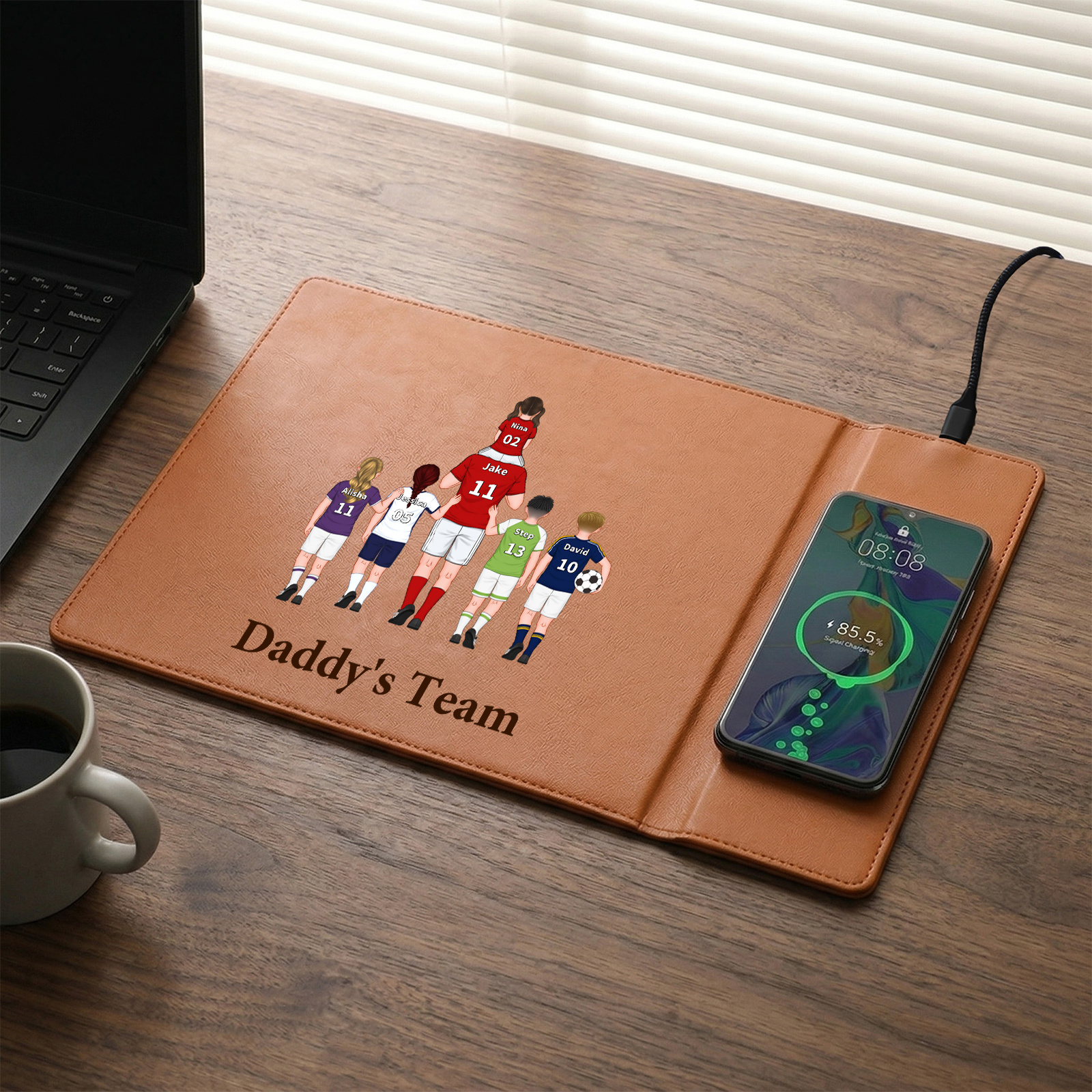 Personalized Leather Desk Pad With Wireless Charging Function Dadday's Team Custom with 1 To 8 Child Figures And Names