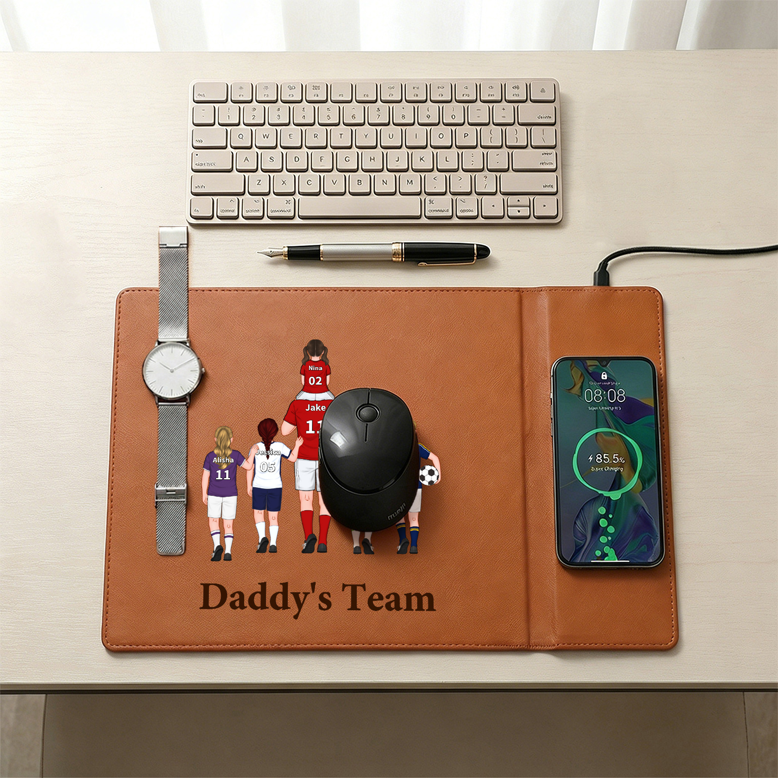Personalized Leather Desk Pad With Wireless Charging Function Dadday's Team Custom with 1 To 8 Child Figures And Names