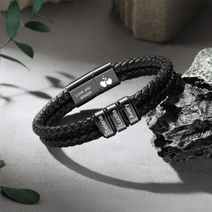 Personalized Black Braided Leather Bracelet Custom With 2-6 Names For Men