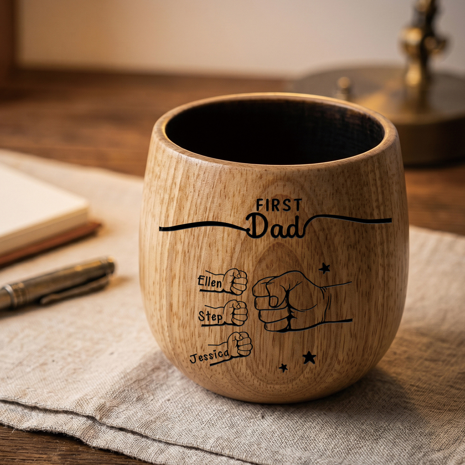 Personalized Wooden Whiskey Cup for Dad Grandpa Customized with 2-12 Names and Fist Bumps