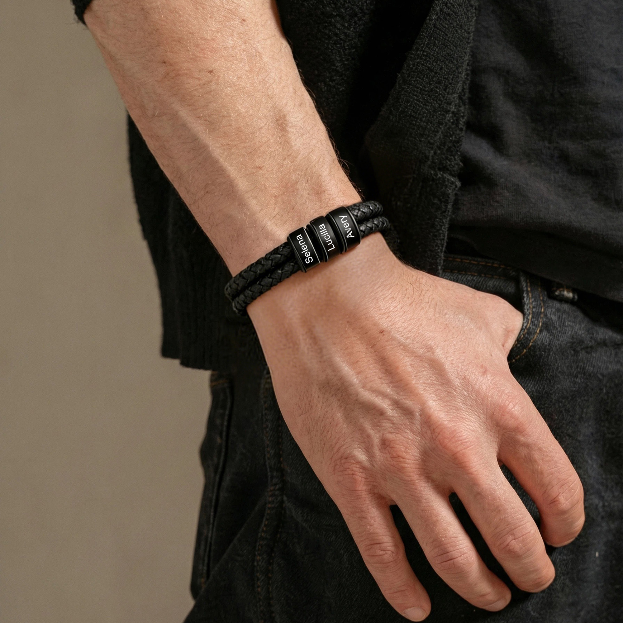Personalized Black Braided Leather Bracelet Custom With 2-6 Names For Men