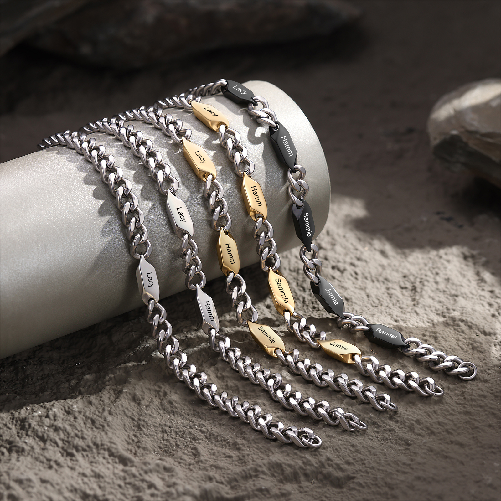 Personalized Stainless Steel Curb Chain Bracelet Custom With 1-5 Engraved Names Gift For Dad Husband Family