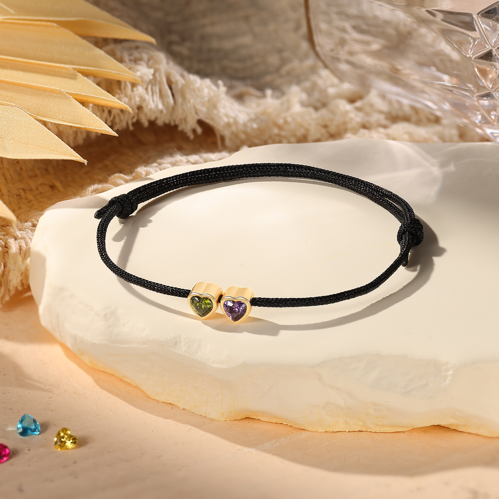 Personalized String Rope Bracelet Adjustable Custom with 2–5 Heart-shaped Birthstones Gift for Mom