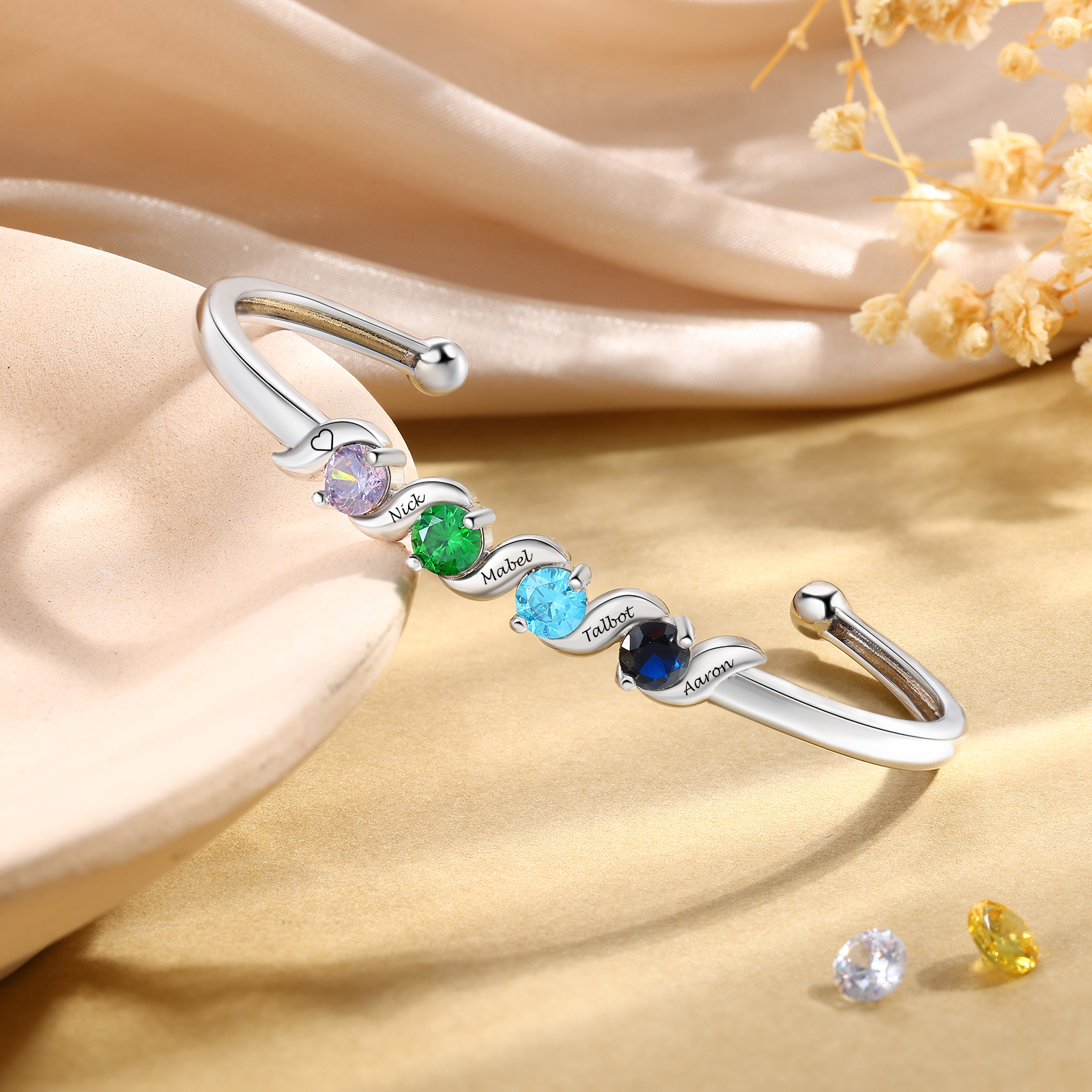 Personalized Women Birthstones Bangle Family Bracelet Customized With 1–5 Names Stones