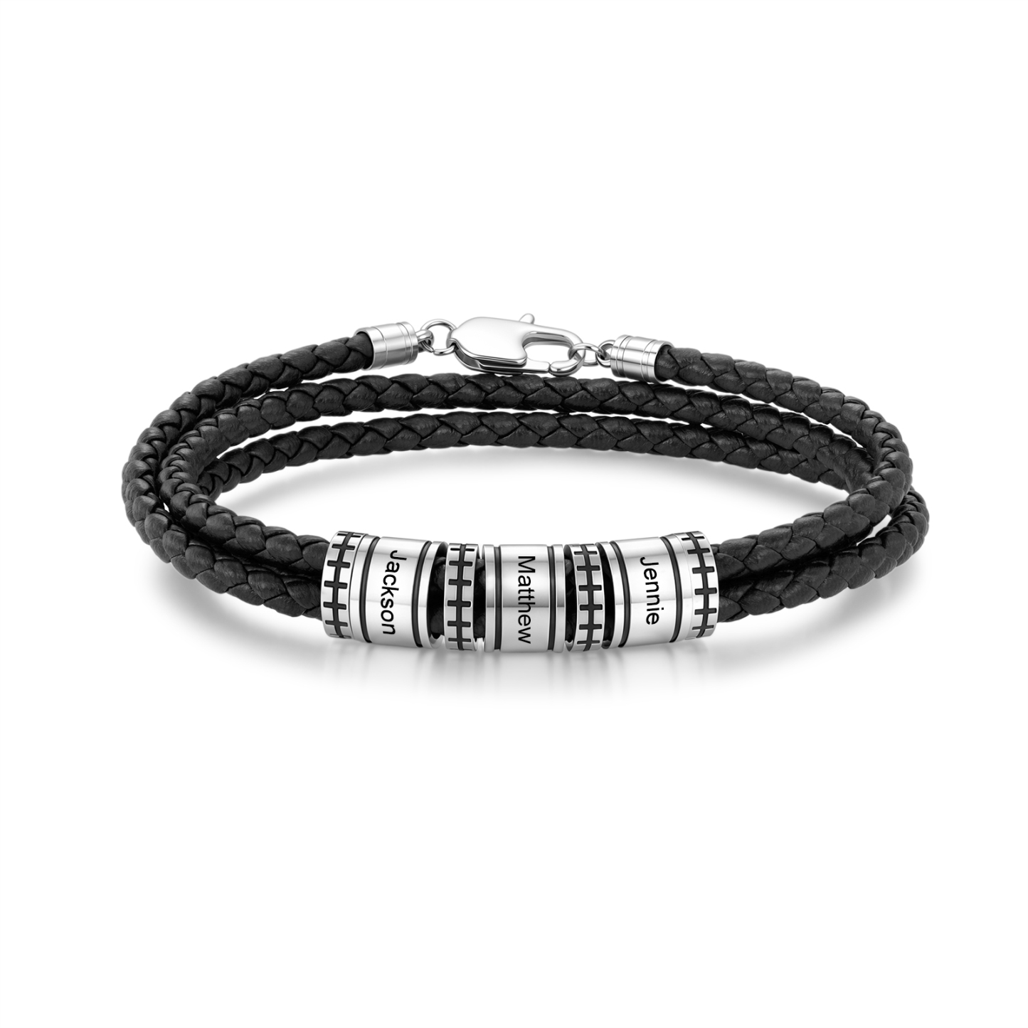 Personalized Men’s Braided Leather Bracelet Engraved Beads with 1 to 6 Names
