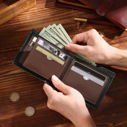 Personalized Men’s Leather Bifold Wallet with Engraved photo Custom Initials and Name