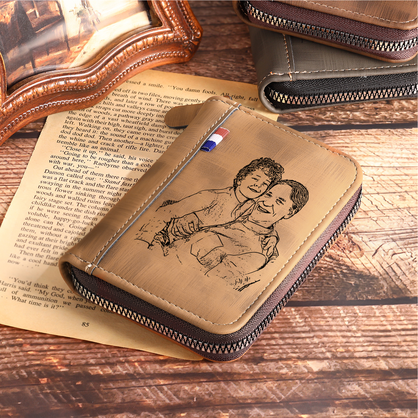 2 Names - Personalized Photo Text Custom Leather Men's Wallet Custom Name Zipper Wallet for Dad