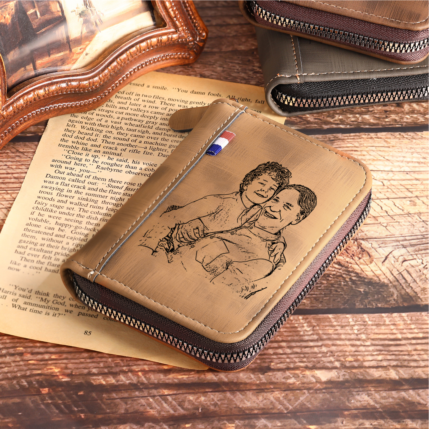 2 Names - Personalized Photo Text Custom Leather Men's Wallet Custom Name Zipper Wallet for Dad