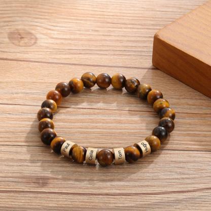Brown Tiger Eye Men's  3 Name Bracelet Gift For Him