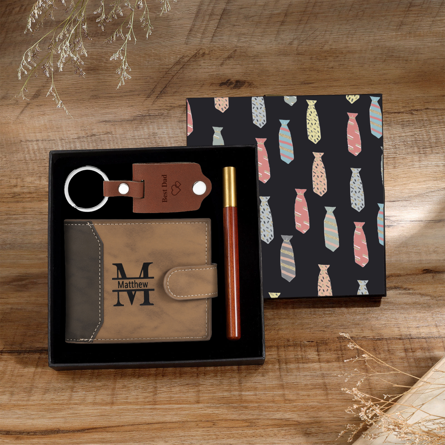 Personalized Leather Wallet Gift Box Set with Keychain Customizable Photo,Text ,Name and Letter Wallet Gift for Him