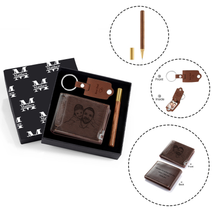 Personalized Leather Wallet Gift Box Set with Keychain Customizable 2 Photo, Name and 3 Text Wallet Gift for Him