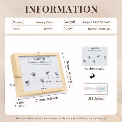 5 Names-Personalized Family Color Or Black And White Frame Custom 5 Names And Text LED Night Light