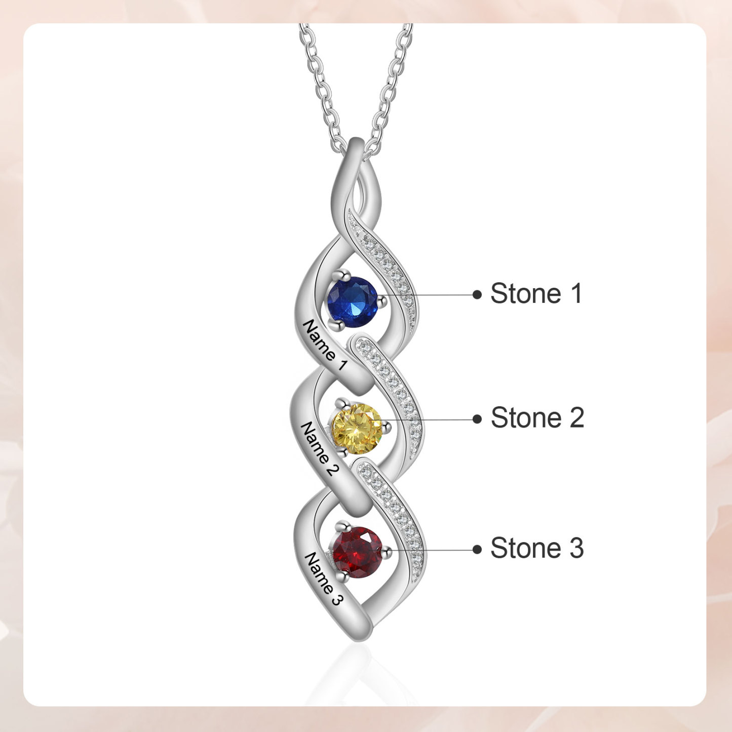 Personalized Hearts Necklace Custom 3 Names & 3 Birthstones Necklace Gifts for Her | Jessemade