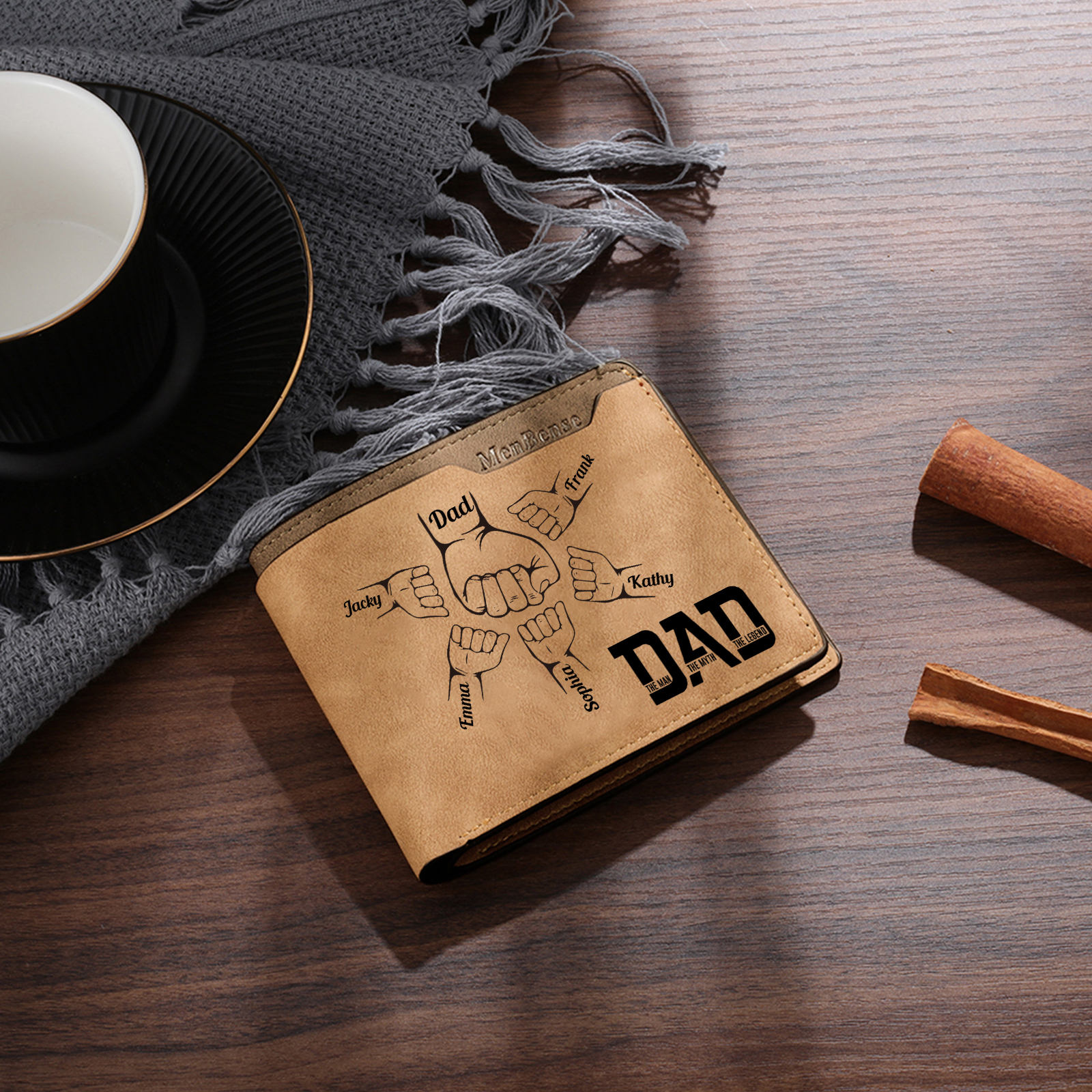 6 Names - Personalized Fist Bump Pattern Custom Name Leather Men's Wallet as a Father's Day Gift for Dad