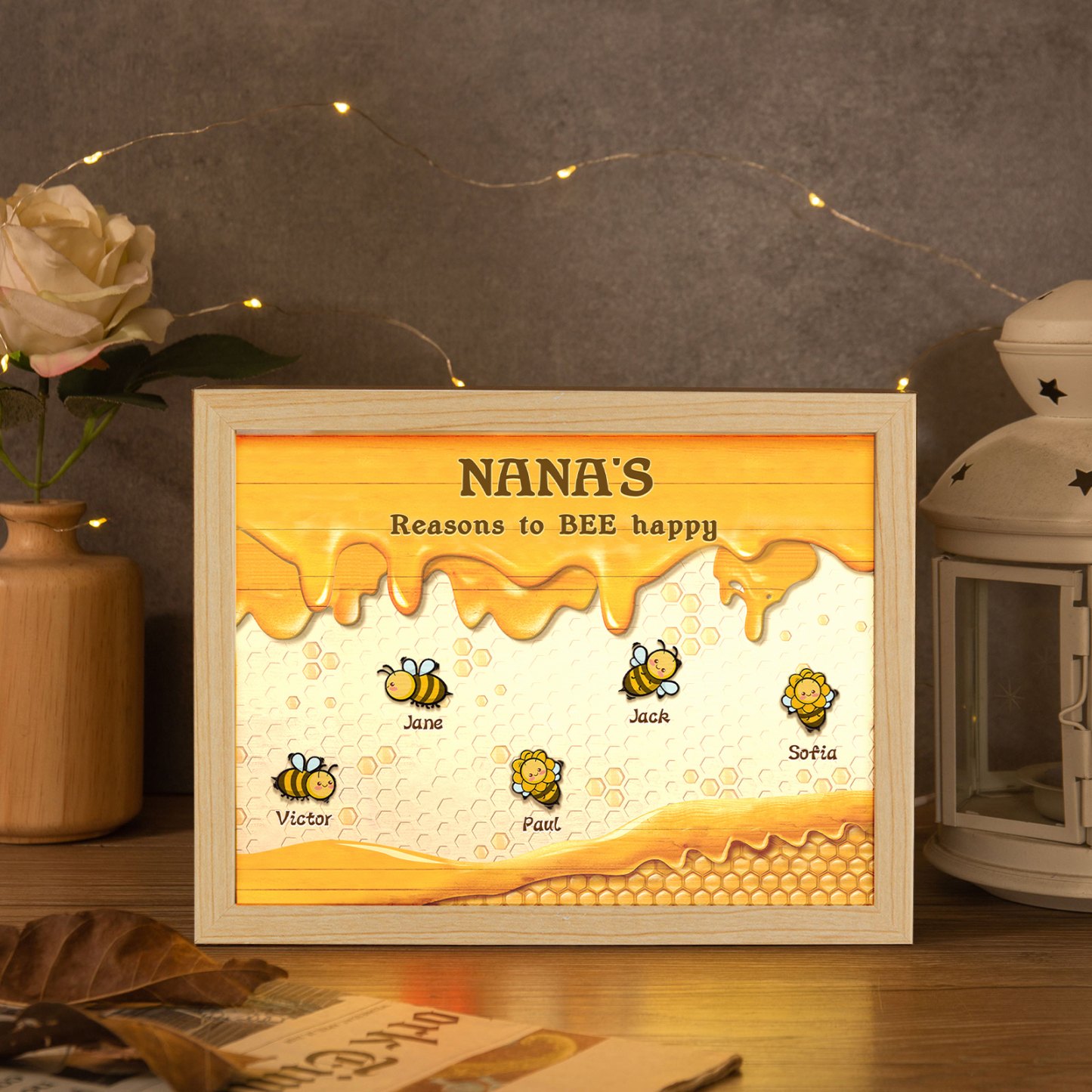 5 Names-Personalized Family Color Or Black And White Frame Custom 5 Names And Text LED Night Light