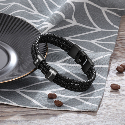 Personalized Braided Leather Bracelet Engraved 3 Names Men's Bracelet Gifts For Him