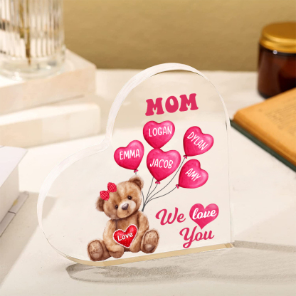 5 Names-Personalized Bear Acrylic Heart Keepsake Custom Text Acrylic Plaque Ornaments Gifts for Mom