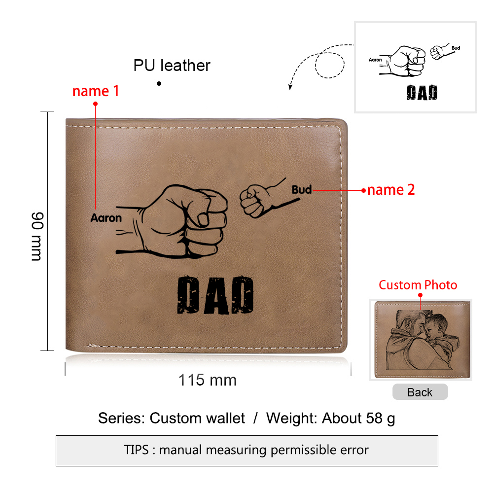2 Names - Personalized Fist Style Leather Men's Wallet Custom Photo Wallet for Dad